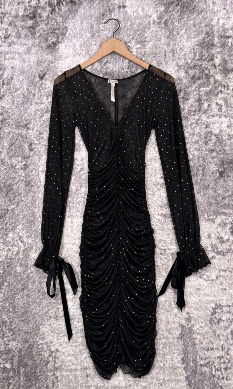 Free People Dress Small Womens Black Polka Dot Mesh Ruched Bodycon Mini